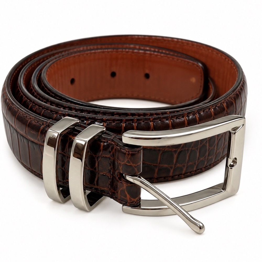 Cremieux Croc Embossed Leather Dress Belt Mens Size 38 Brown Italian Full Grain